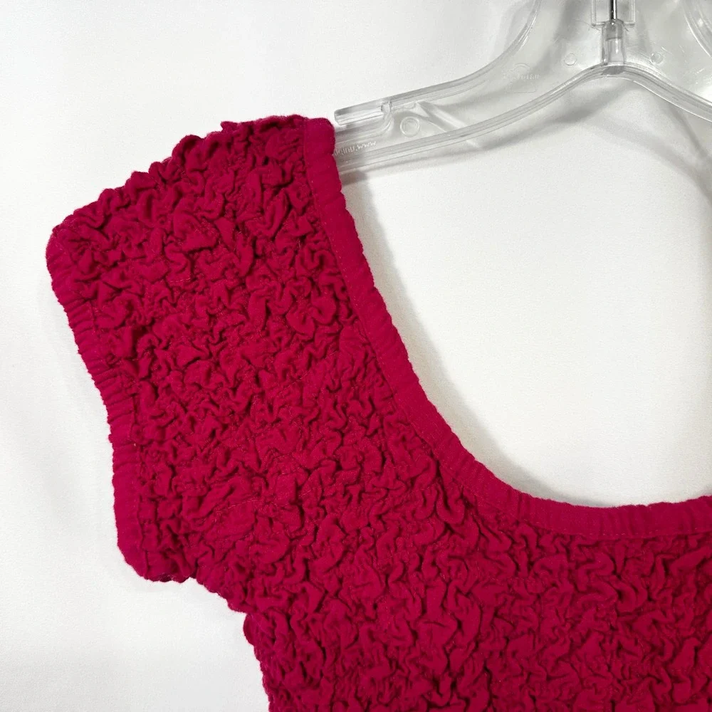 Free People XS Crop Top Cropped Smocked Raspberry Hot Pink Short Sleeve Y2K 1479